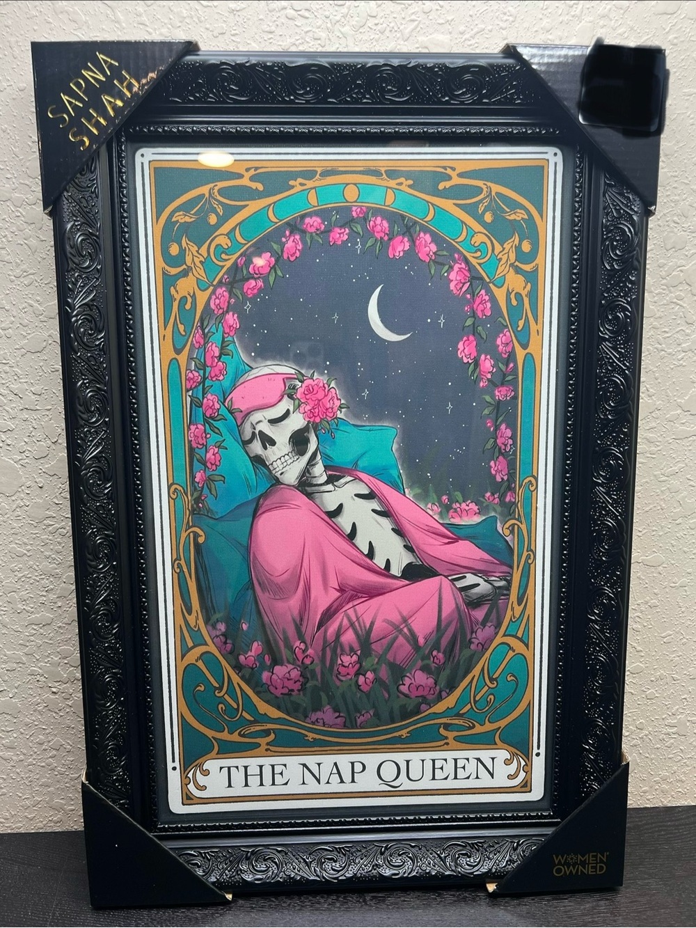 NEW Sapna Shah Skeleton ‘The Nap Queen’ Framed Wall Art - 18”x12”
